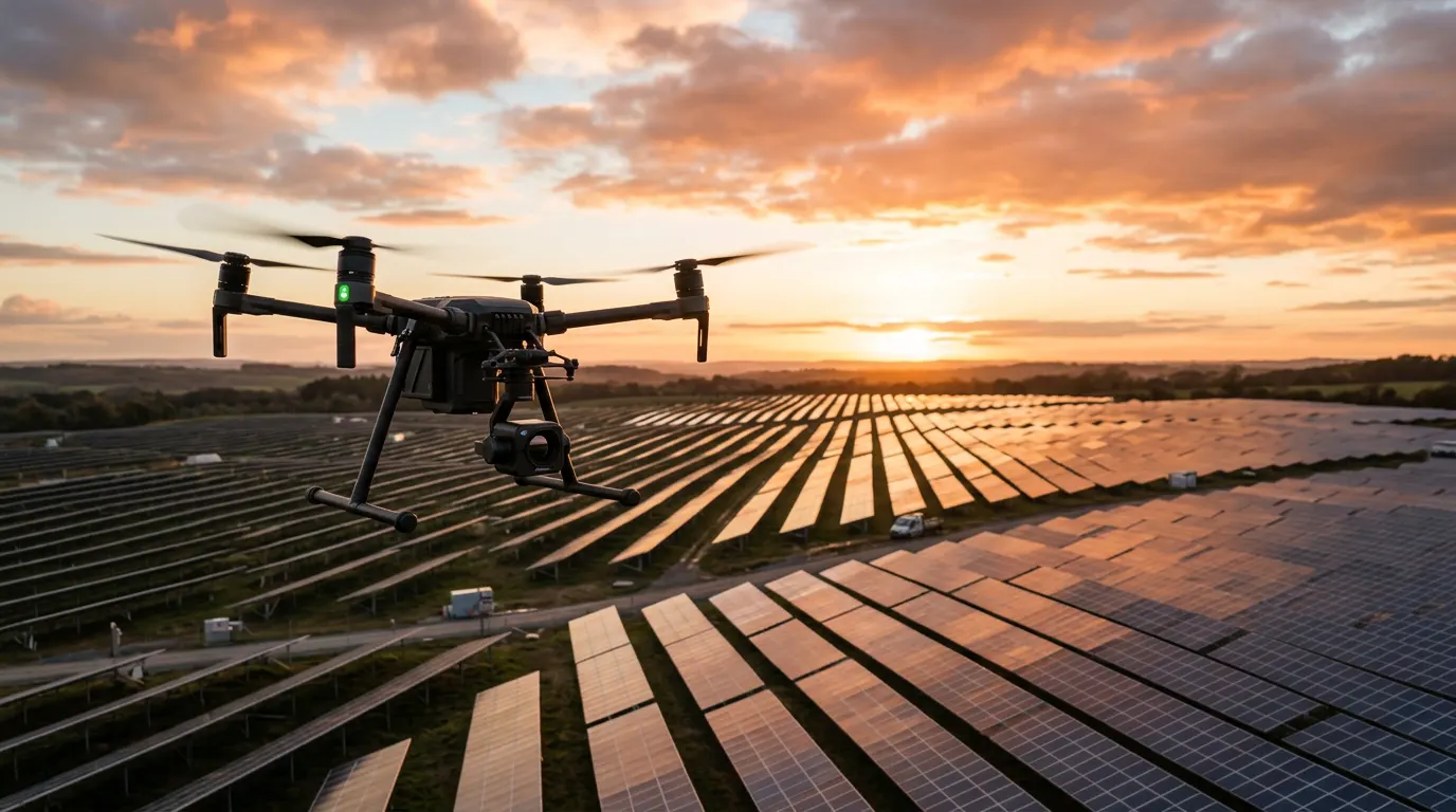Thermal imaging drone flying over a solar farm at sunset