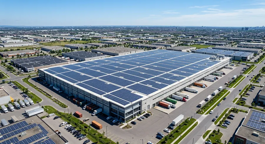 Aerial view of a warehouse roof covered in solar panels